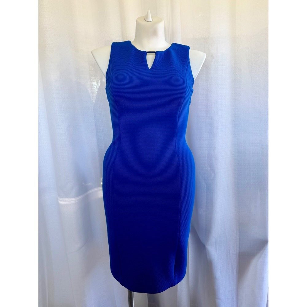 Calvin Klein Cobalt Blue Sheath‎ Dress Size 10 Textured Knit Classic Work Office